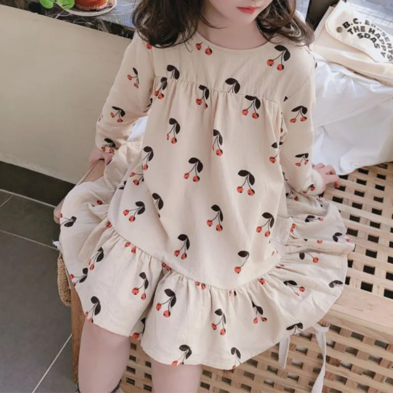 

Fashionable Crew Neck Fruit Printing Long Sleeve Children's Clothing Patchwork Kids Girls Spring Autumn Casual Knee-Length Dress
