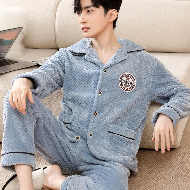 2024 New Men's Coral Fleece Pajama Loungewear Autumn Winter Nightwear Thickened Fleece Sleepwear Youth Flannel Warm Homewear Set