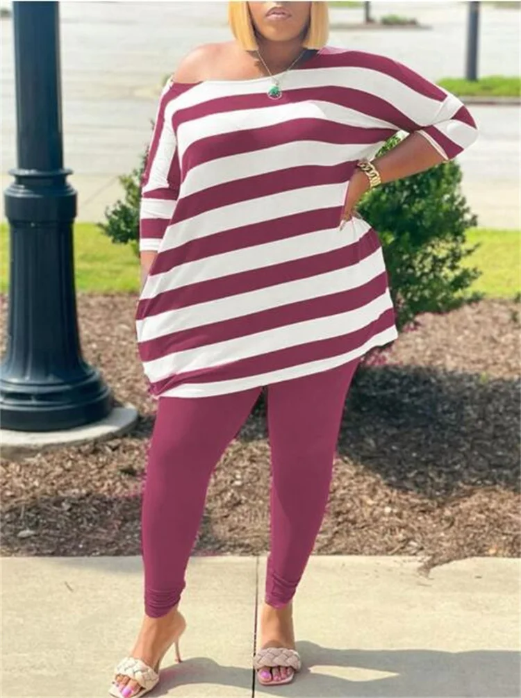 Plus Size Women Sets Striped Tops And Pencil Pants 2023 Spring Two Piece Set Female Designer Cloth Casual Sweatshirt Tracksuit