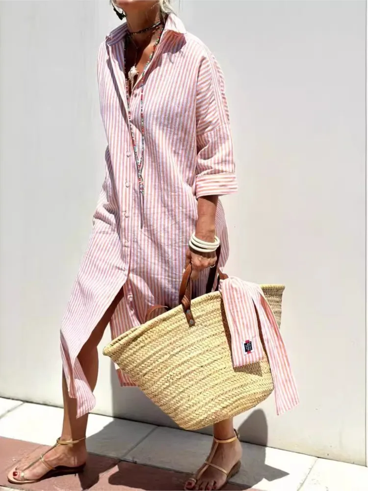 Ladies Shirt Dress 2024 Autumn New Lapel Single Breasted Striped Printed Vestidos Elegant Lace Up Split Commuting Long Dresses 2