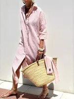 Ladies Shirt Dress 2024 Autumn New Lapel Single Breasted Striped Printed Vestidos Elegant Lace Up Split Commuting Long Dresses 2