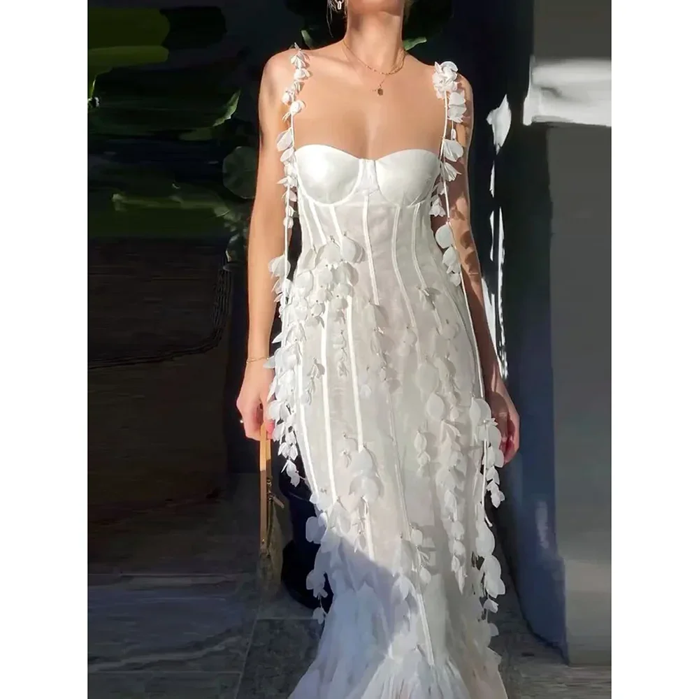 

Белое платье на тонких бретельках с цветочной аппликацией для выпускного вечера, платье-Русалка длиной до щиколотки, строгие женские вечерние платья