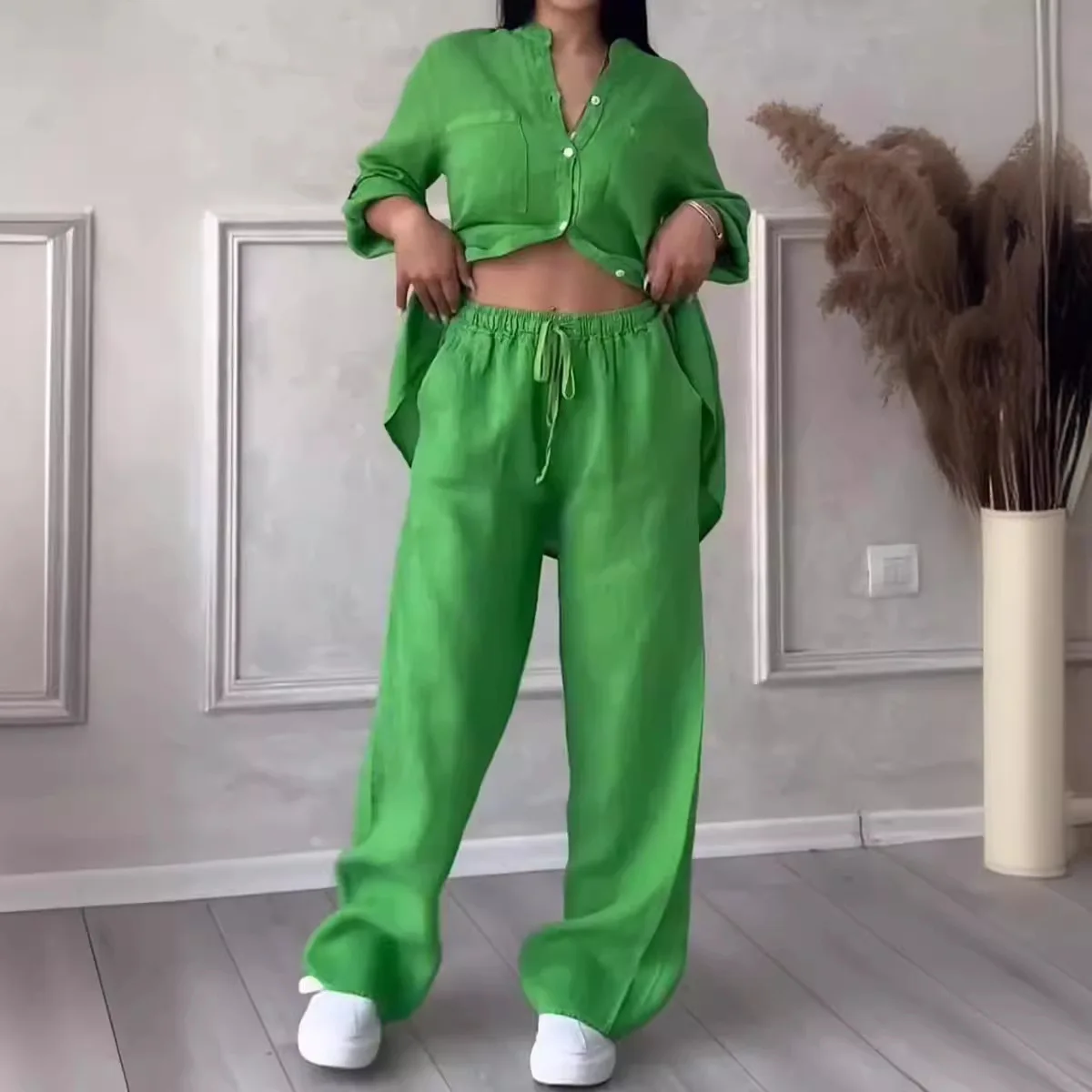 Women Casual Two Piece Button Blouse Suits