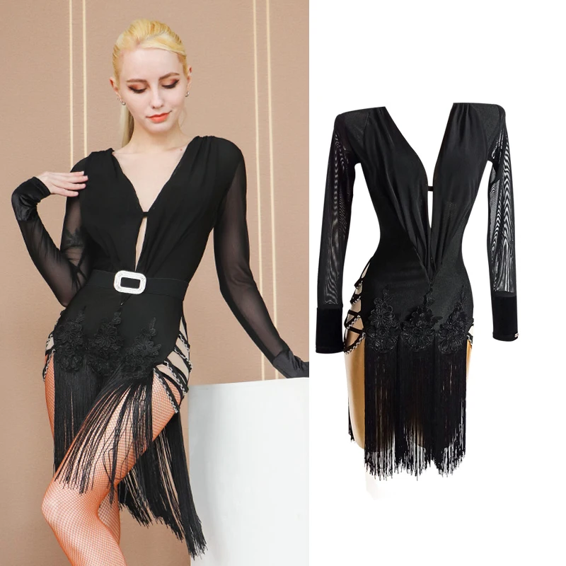 Latin Dance Performance Dress Female Long Sleeved Black Side Slit