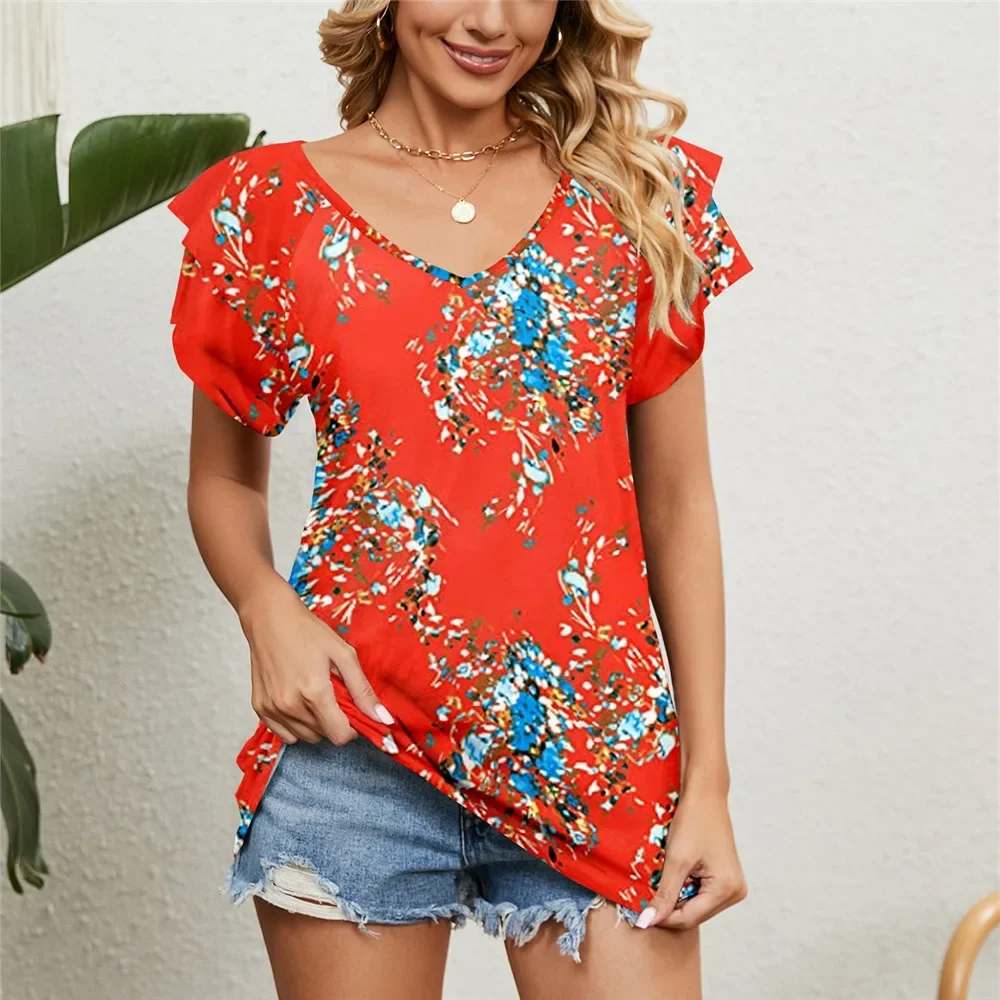 

Women's Shirts and Blouses for Women Elegant Summer Tops Short Sleeve Korean Popular Floral Blouse Red Woman Trend 2024 Clothing