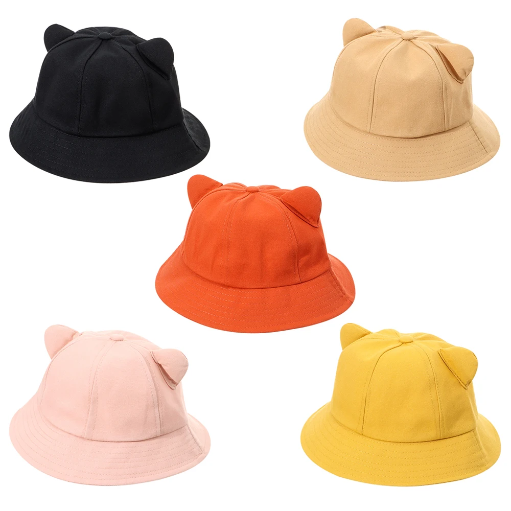 Women Cute Solid Color Cotton Bucket Hat Cute Cartoon Cat Ear Beach Hat Fisherman Sun Cap Kids Outdoor Travel