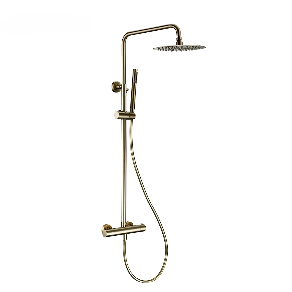 

Thermostatic Shower Set Brushed Gold Faucet Brass Temperature Bathroom System Mixer Tap Rain Head Wall-Mount Handheld Sprayer
