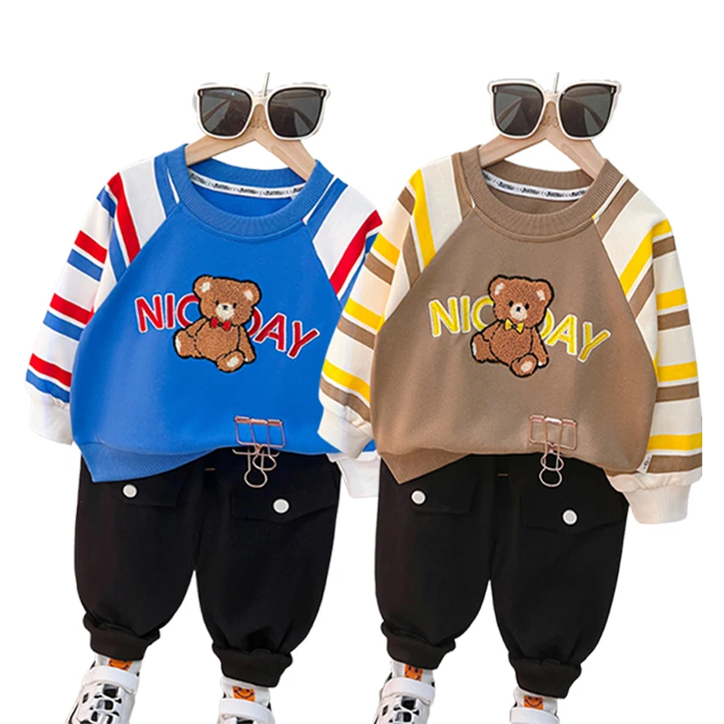 

Spring Baby Boys Girls Clothing Suit Children Cartoon Letter Bear Tracksuits Toddler Long Sleeved Pullover Sweater Top Pants Set