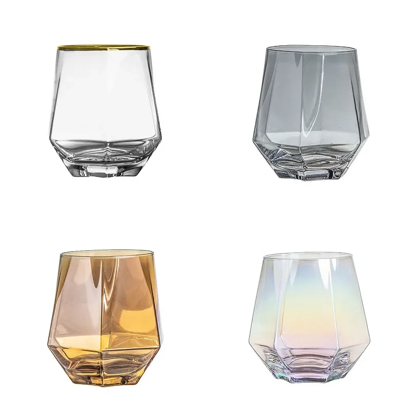 Geometric Shape Design Gold-tone Rimmed Whiskey Tumbler Glasses