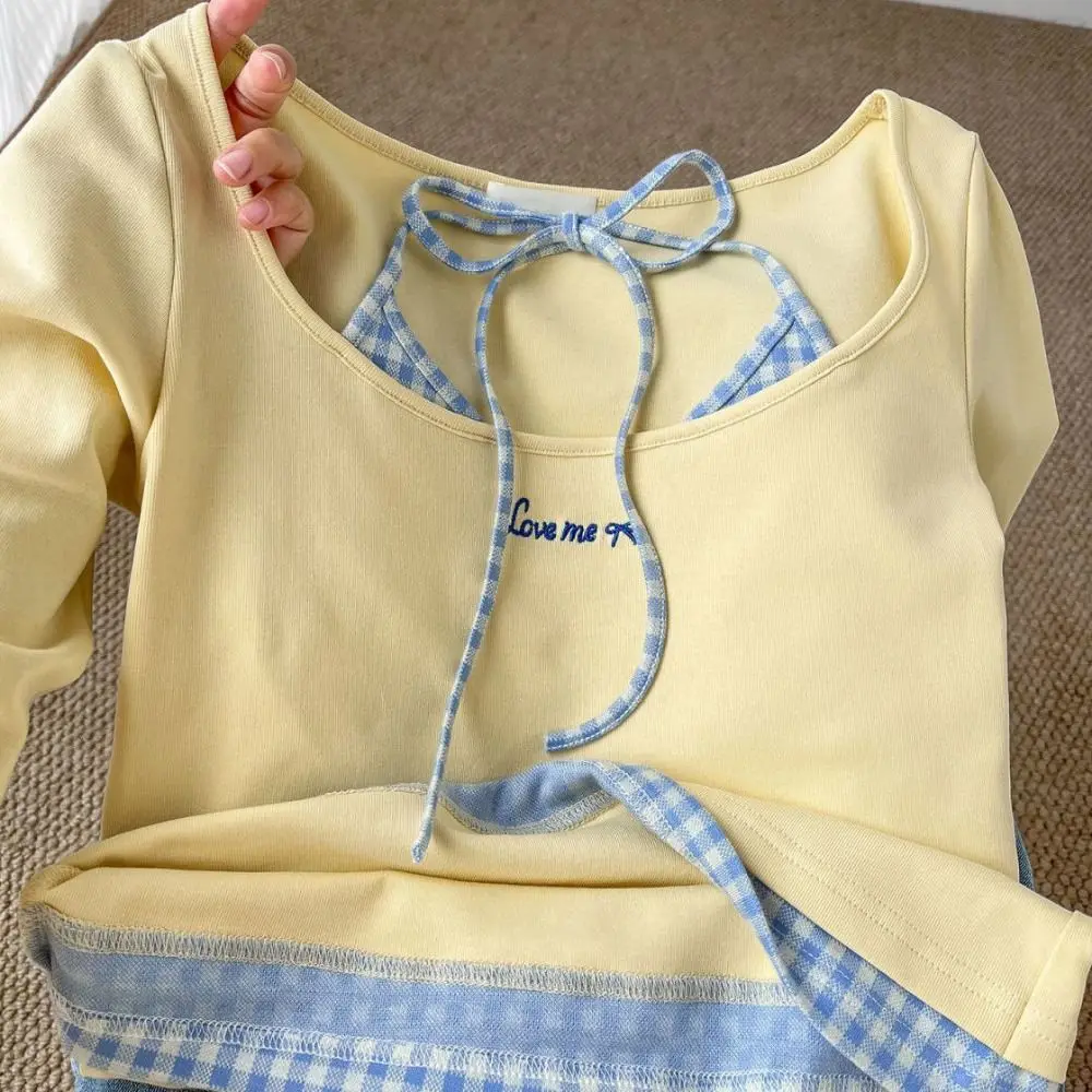 Comfortable Blue Grid Long Sleeve T-shirt Lace Undershirt Slim Thin Pullover Simple Bottoming Shirt Crop Top Women Y2k Spring