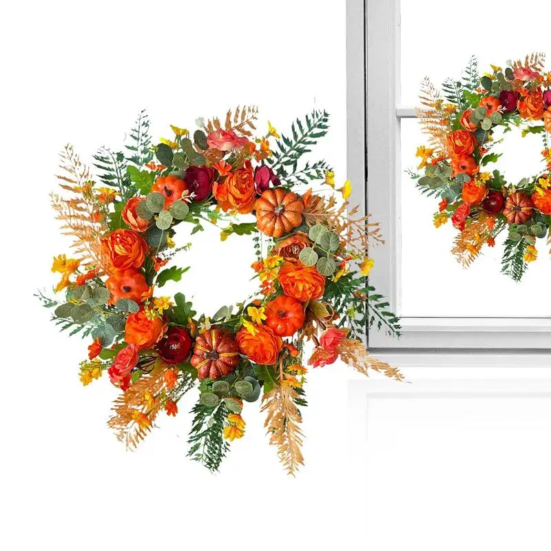 

Pumpkin Wreath Artificial maple leaf rattan pumpkin pinecone wreath Halloween Thanksgiving Front Door Decor for Autumn Harvest