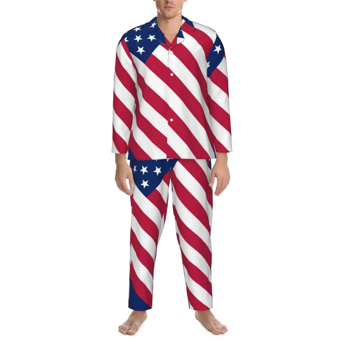 

Patriotic American Flag Sleepwear Spring Stars and Stripes Print Casual Oversize Pajama Set Man Long Sleeve Bedroom Nightwear