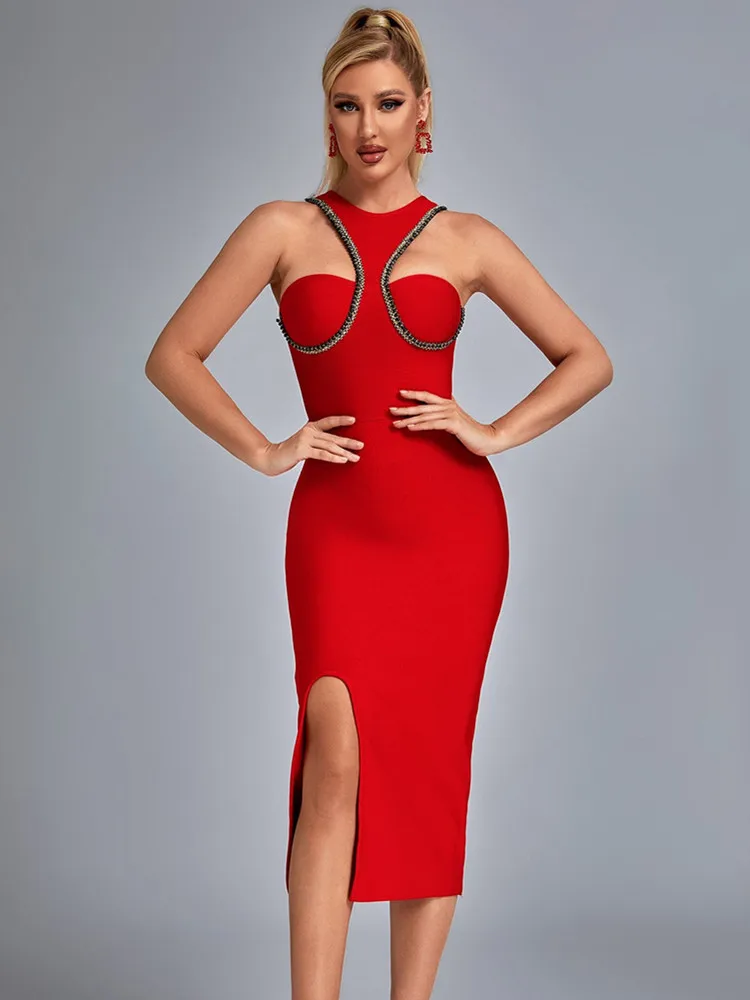

2022 Summer New Women Red Bandage Dress Stylish Sleeveless Split Midi Long Wedding Guest Birthday Celebrity Runway Party Dresses