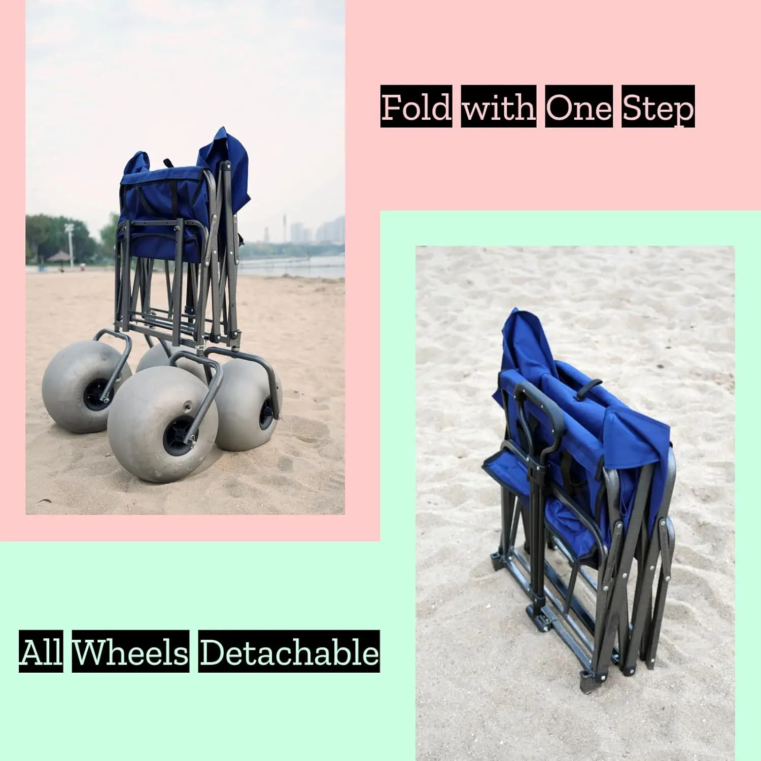 2025-hotBeach Cart with 13" Balloon Wheels, Collapsible Beach Wagon with Big Wheels for Sand, Pump Included (Beach Wagon)