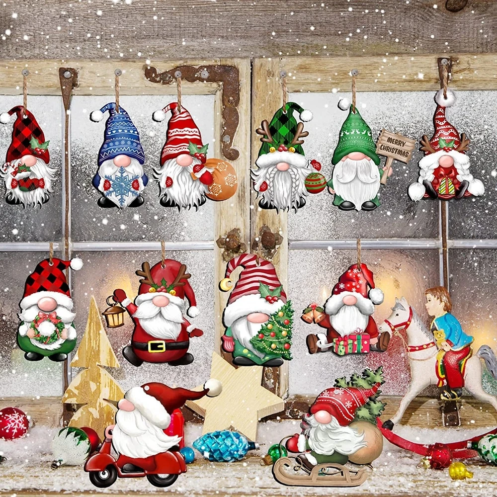 Christmas Wooden Santa Claus Multi Noface Santa Hanging Pendants Xmas Party Kids New Year Gifts Wrapping Supply 12pcs/set