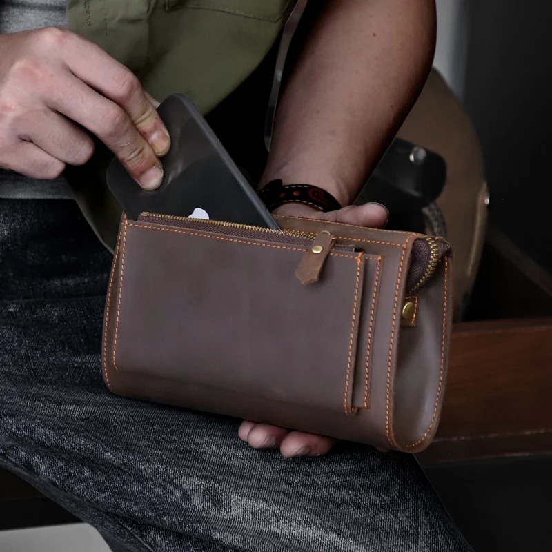 

Men's Clutch Bag Handmade Genuine Leather Wrist Handbag Cow Leather Clutch Wallet Storage Long Wallets Money Bag Purse
