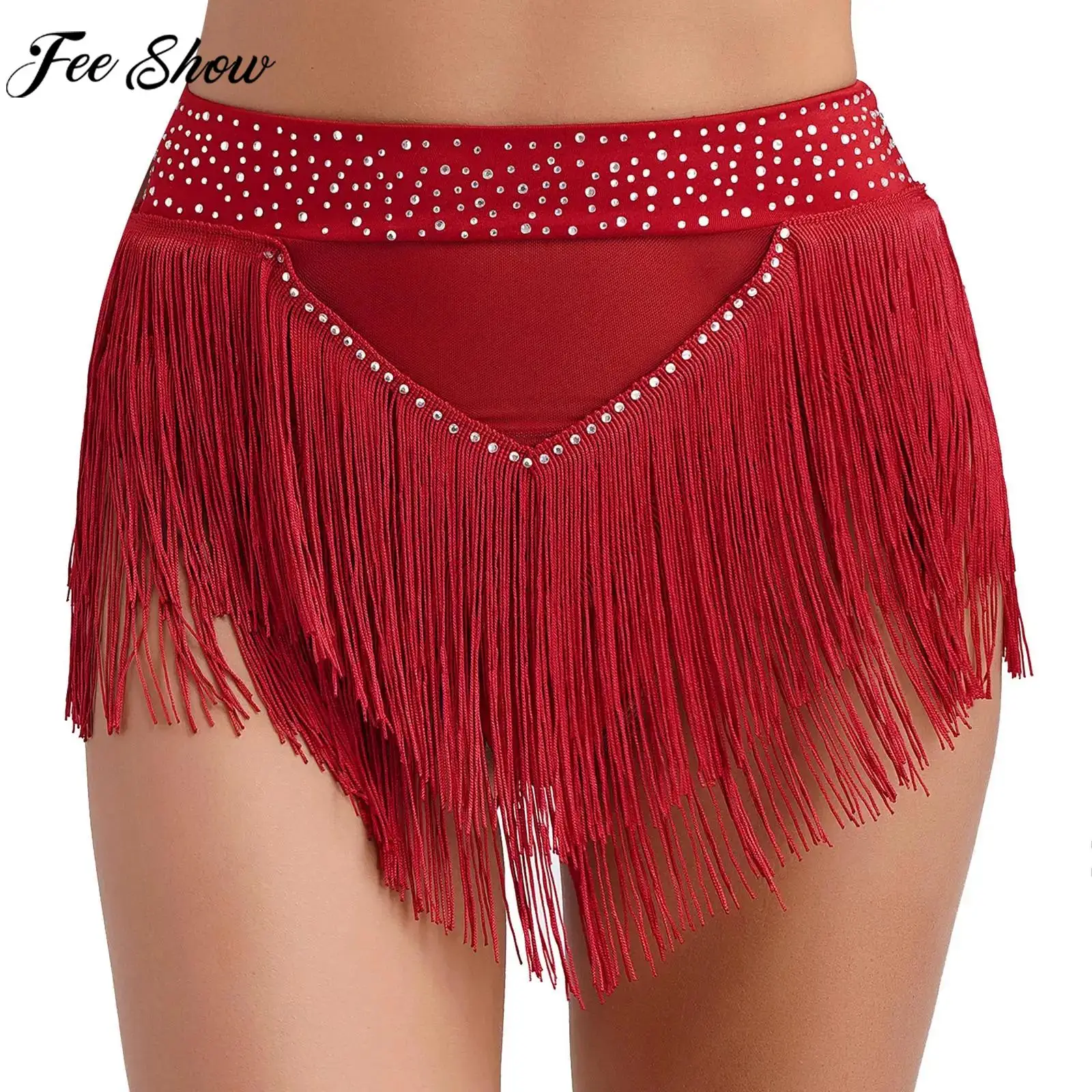 

Women Belly Dancing Shorts Latin Dance Samba Cha-cha Performance Dancewear Shiny Rhinestone Tassel High Waist Briefs Underwear