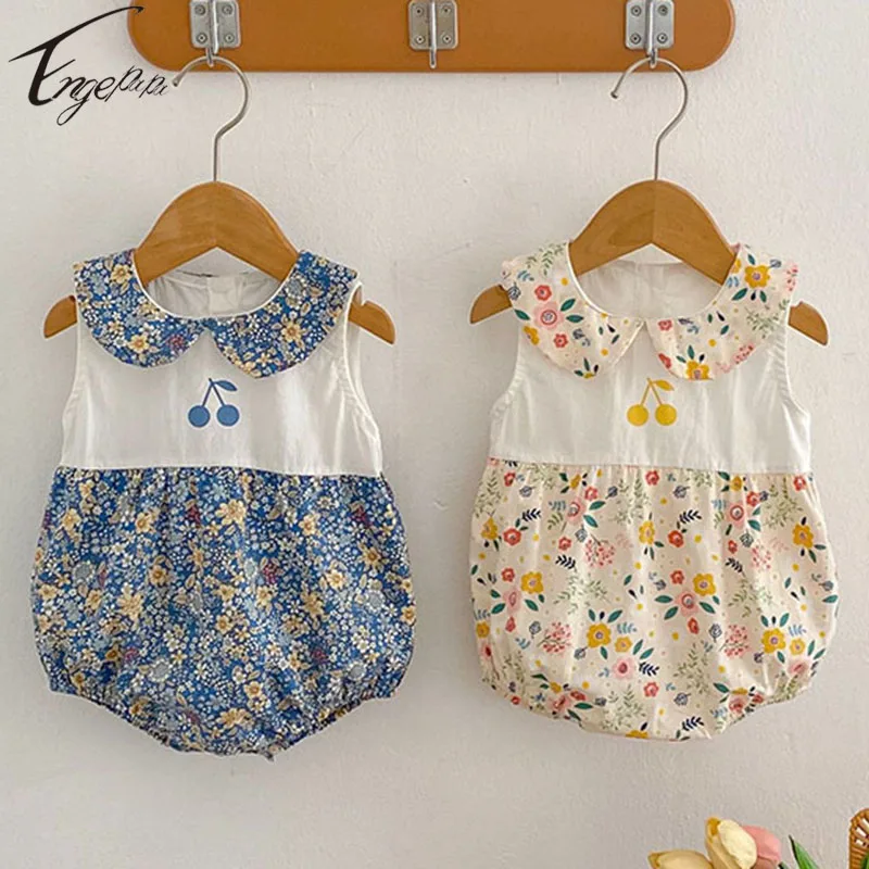 

0-2Yrs Girls Sleeveless Rompers Toddler Girls Floral Jumpsuit Bodysuit Sweet Lapel Baby Girls Cherry Rompers Clothes