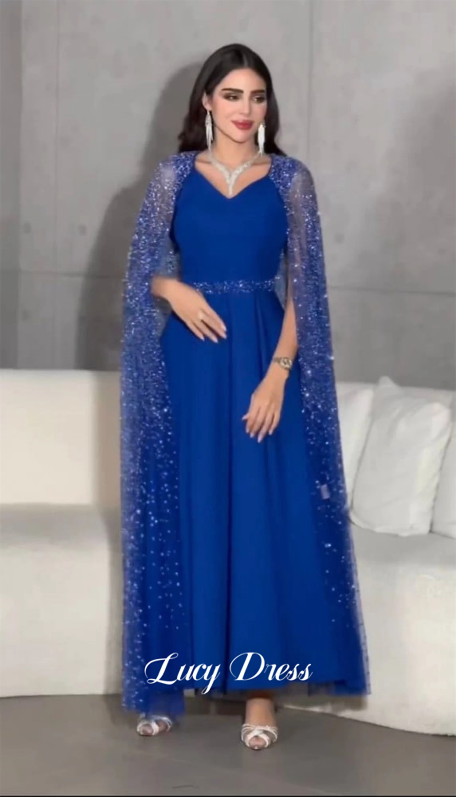 루시 글리터 숄 블루 럭셔리 이브닝 가운, Eid Al-fitr 여성 우아한 드레스, 사우디 갈라 2024 웨딩 하객, 긴 럭셔리  Best5