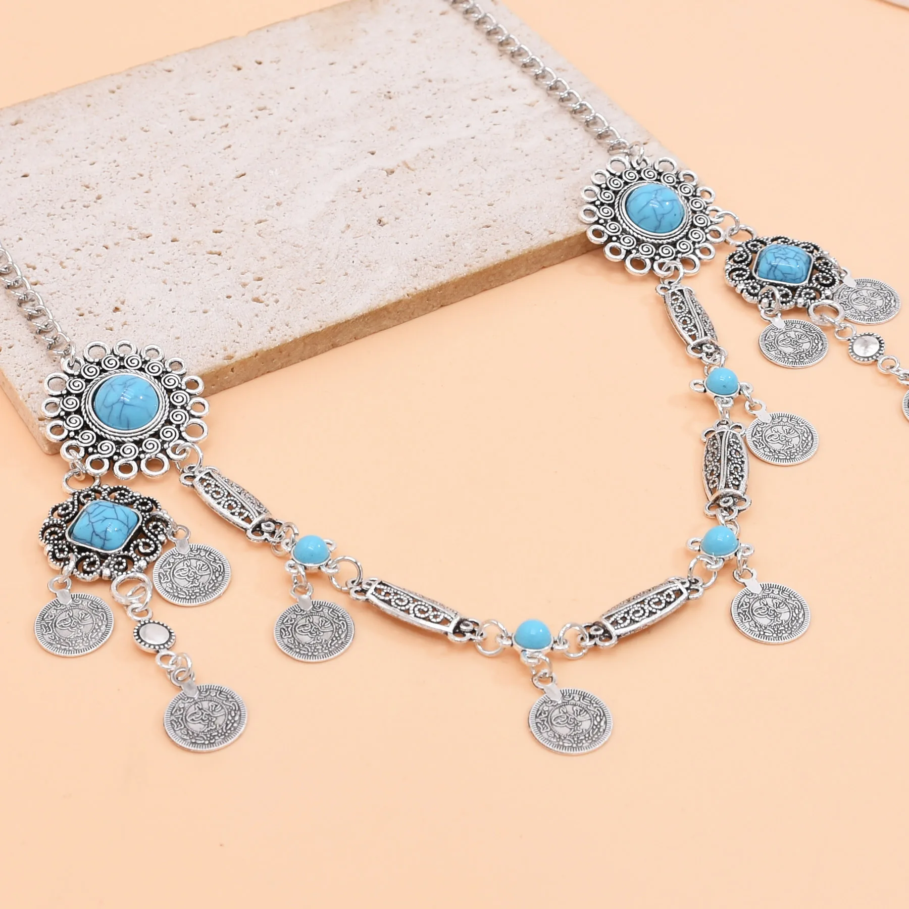 Afghanische Vintage-Münze, Quaste, türkisfarbene Kopfketten für Frauen, Bohemian-Stil, Boho-Stil, Tribal-Zigeuner-Statement-Stirnband, ethnischer Schmuck – Detail 14
