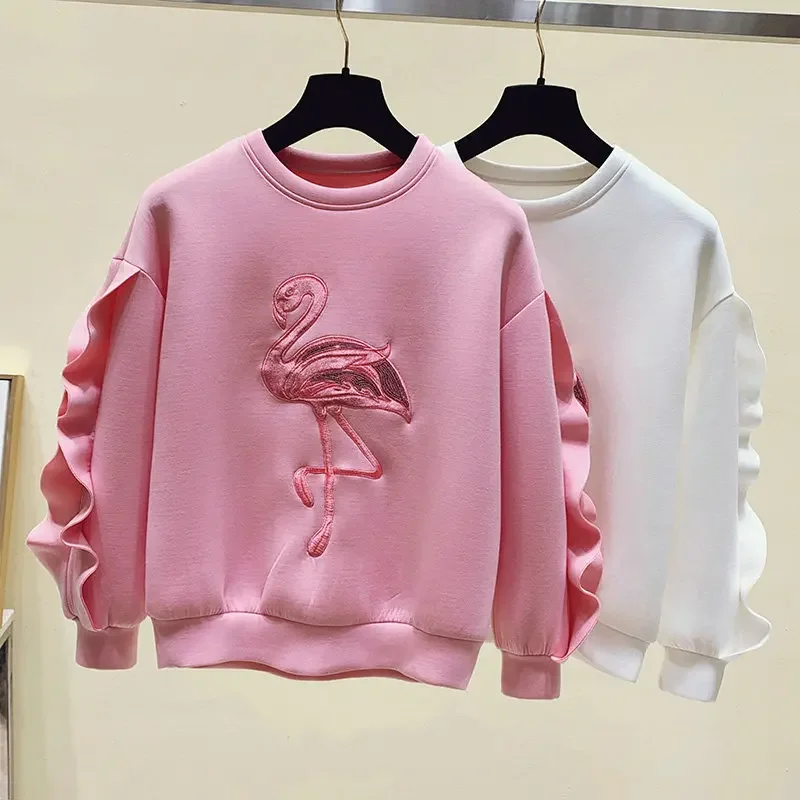 Women Long Sleeve Casual Pullover Fashion Korean Style Animal Embroidery Sweatshirt Autumn Winter New Ruffles Splicing Pink Tops ruffles metallic animal print thong bikini swimwea light coffee