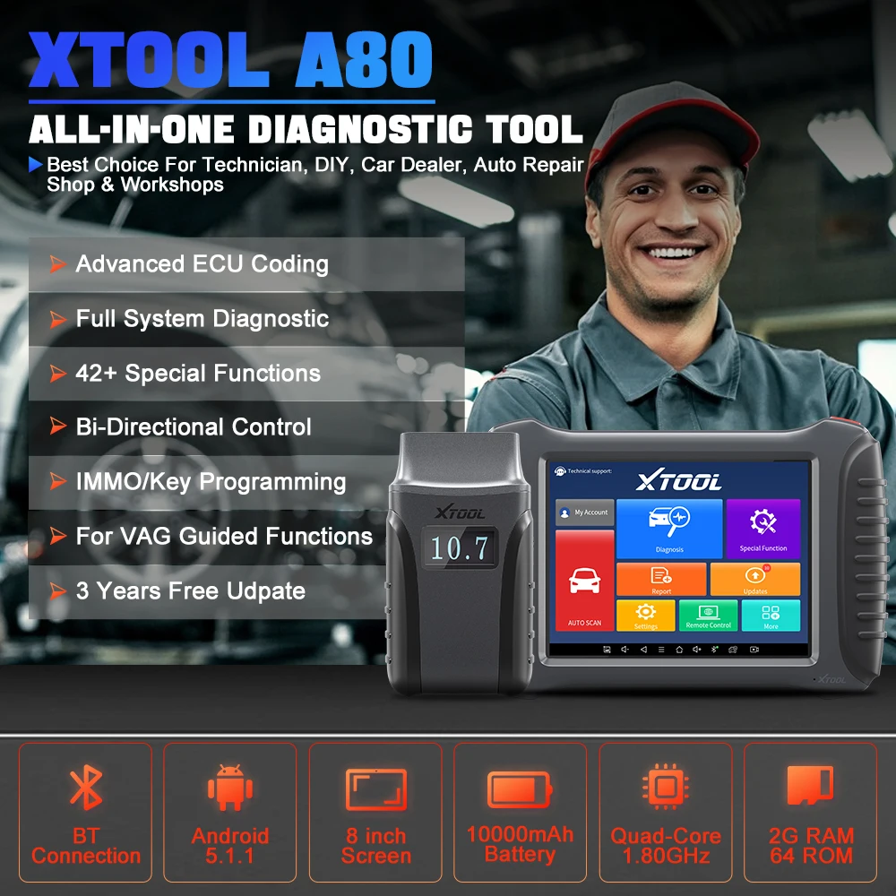XTOOL A80 H6 OBD2 Bluetooth Scanner Car Diagnostic Tools ECU Coding 39+ Special Functions IMMO Key Programming Free Update