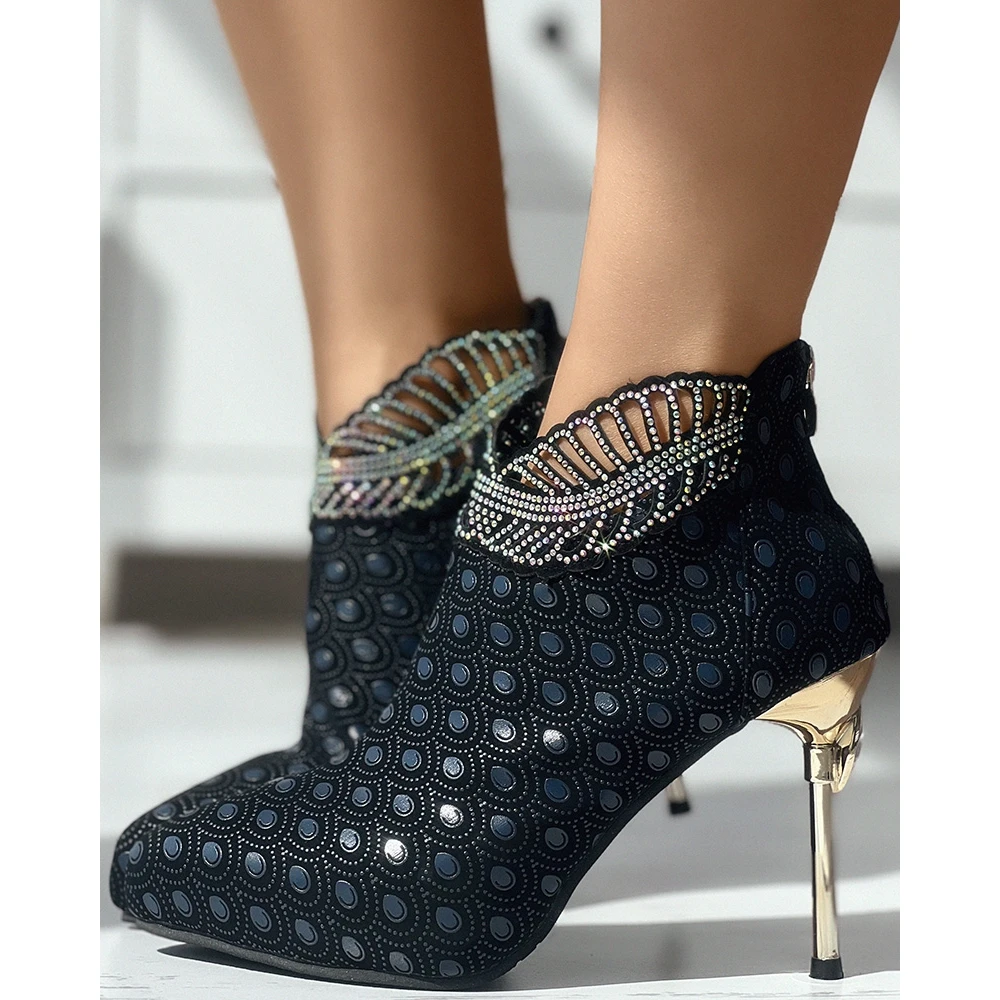 2024 Fashion Women Autumn Rhinestone Pointed Toe Thin Heels Femme Zip High Heel Ankle Boots Party Workwear Party Shoes Korean