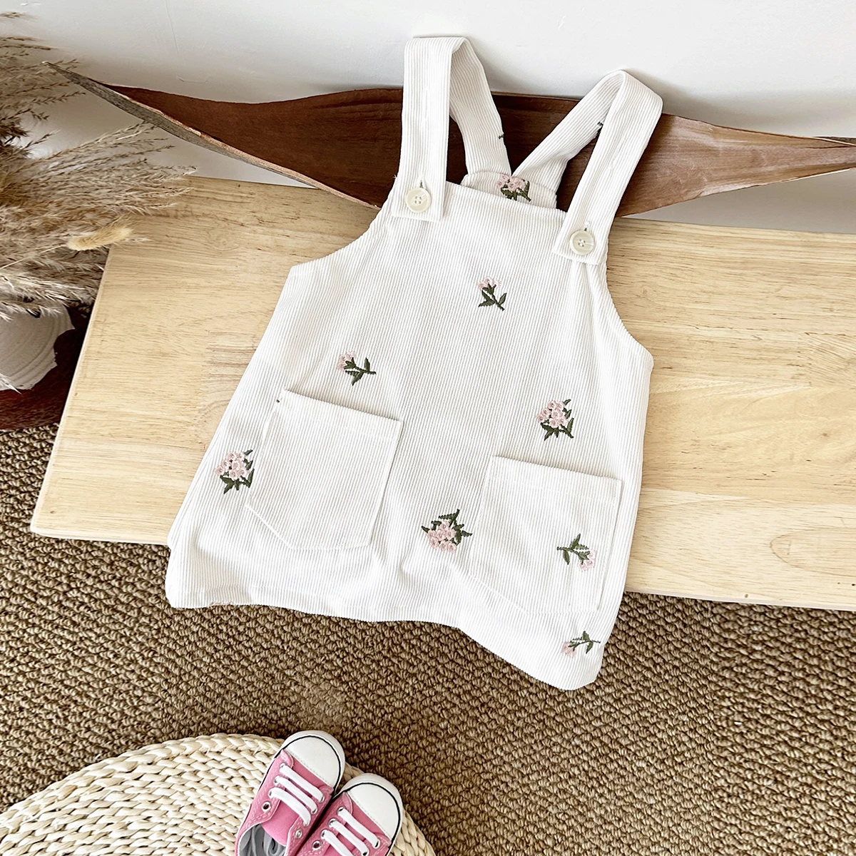 Baby Girl One-Piece Dress Girls Dress Flowers Embroidery Vest Camisole Skirt Korean A-line Pocket