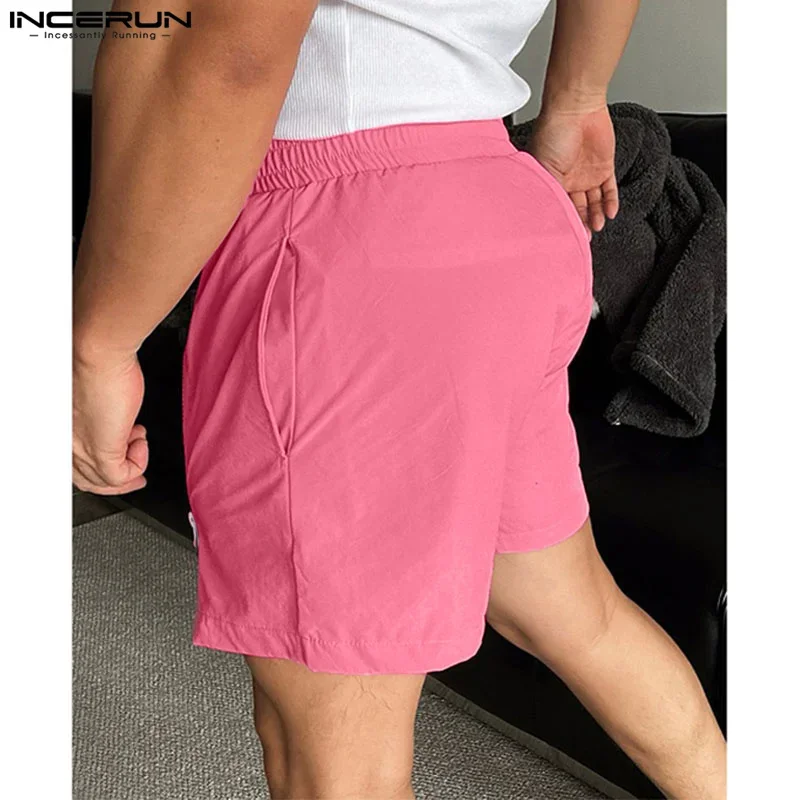 INCERUN Men Shorts Solid Color Elastic Waist Loose Zipper Joggers Casual Men Bottoms Streetwear Summer 2024 Fashion Male Shorts 4