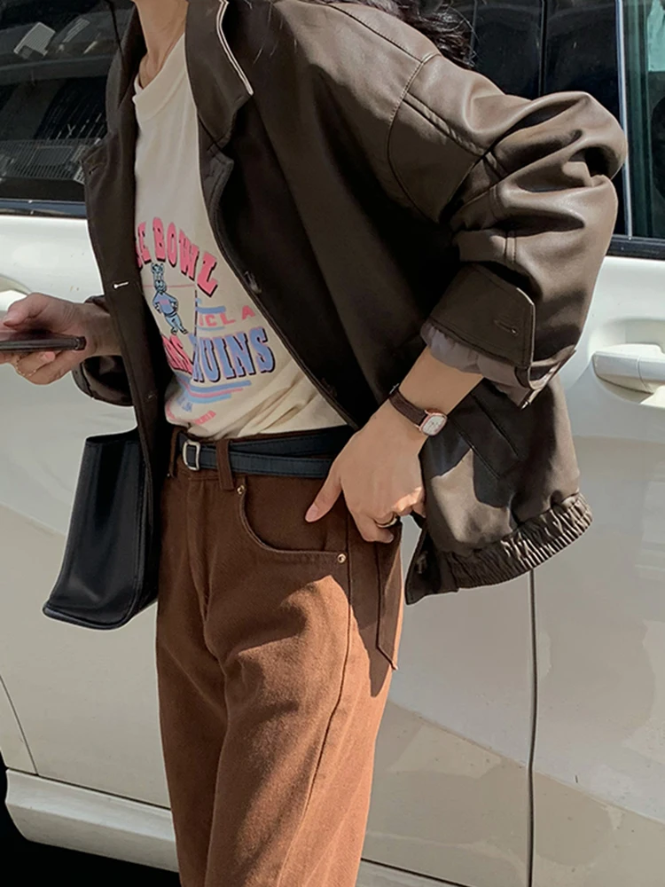 QOERLIN Faux Leather Jacket Women Casual PU Loose Motorcycle Jackets Female Streetwear Oversized Coat Korean New Autumn Winter