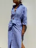 Ladies Shirt Dress 2024 Autumn New Lapel Single Breasted Striped Printed Vestidos Elegant Lace Up Split Commuting Long Dresses 1