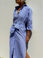Ladies Shirt Dress 2024 Autumn New Lapel Single Breasted Striped Printed Vestidos Elegant Lace Up Split Commuting Long Dresses 1
