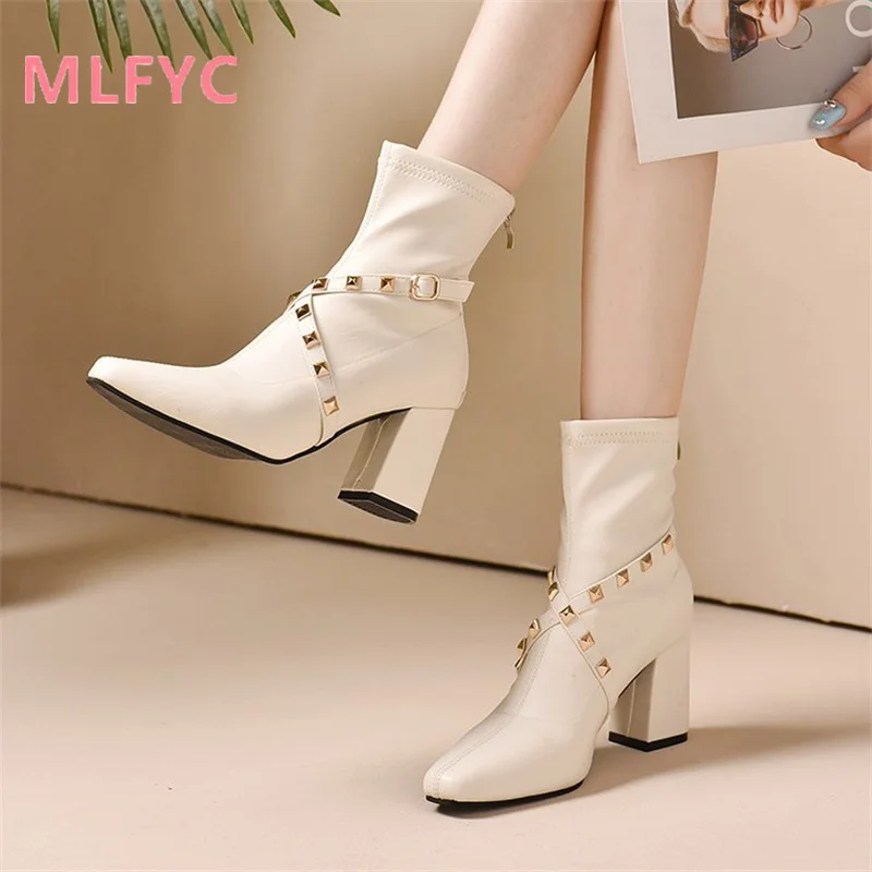 Square head thick heeled short boots for female winter new high heeled fashion boots back zipper fashion rivets for women shoes