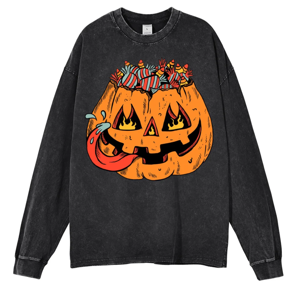 

Halloween Theme y2k Washed Long Sleeve T Shirt, Fantasma Graphic Printed, 100% Cotton Unisex Evil Pumpkin Print Cotton Tshirt