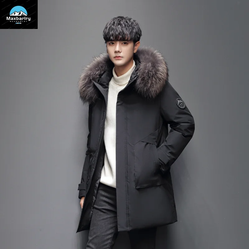Men Windproof Down Jacket Coats Mens Warm White Duck Down Hooded Jacket Parkas Multi Pockets Overcoat Male Autumn Winter Long
