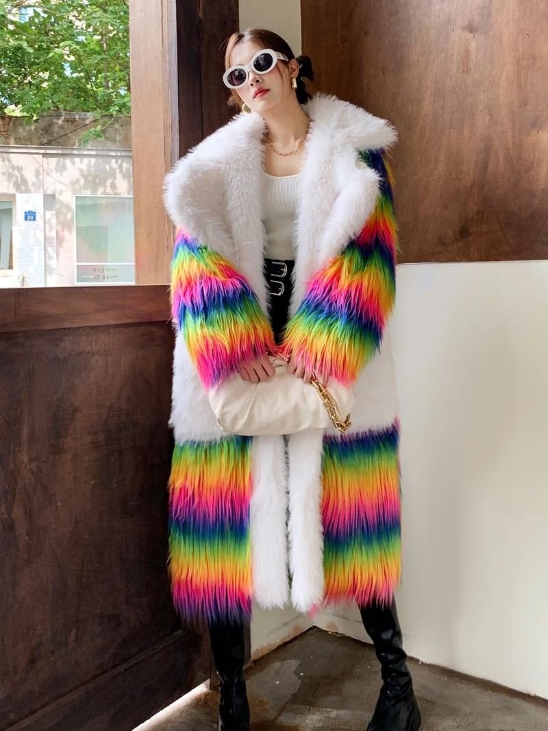 Rainbow Green Fur Long Loose Suit Lapel Furry Jacket Women's Lamb Fur Pocket Coat Cotton Padded Thick Long Sleeved Windbreaker