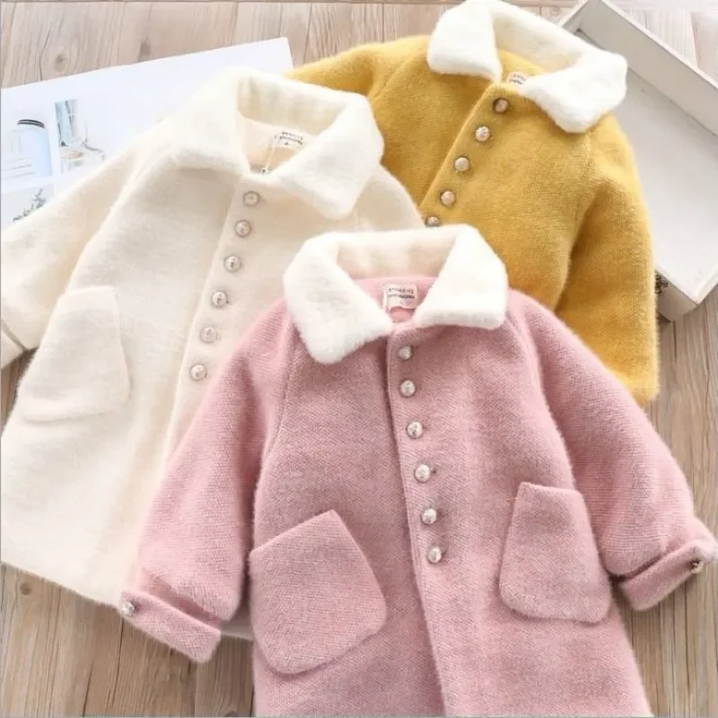 

2024 Teens Imitation Mink Velvet Long Coat Girls Autumn Winter Warm Loose Wool Blends Jacket Kids Korean Fashion Fleece Overcoat