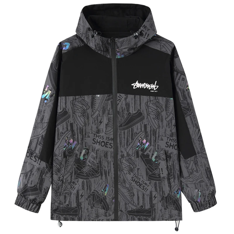 High Street Jacket Men's Autumn New Arrival Harajuku Trendy Comic Print Reflective Hooded Coat Hip-Hop Casual Loose Windbreaker
