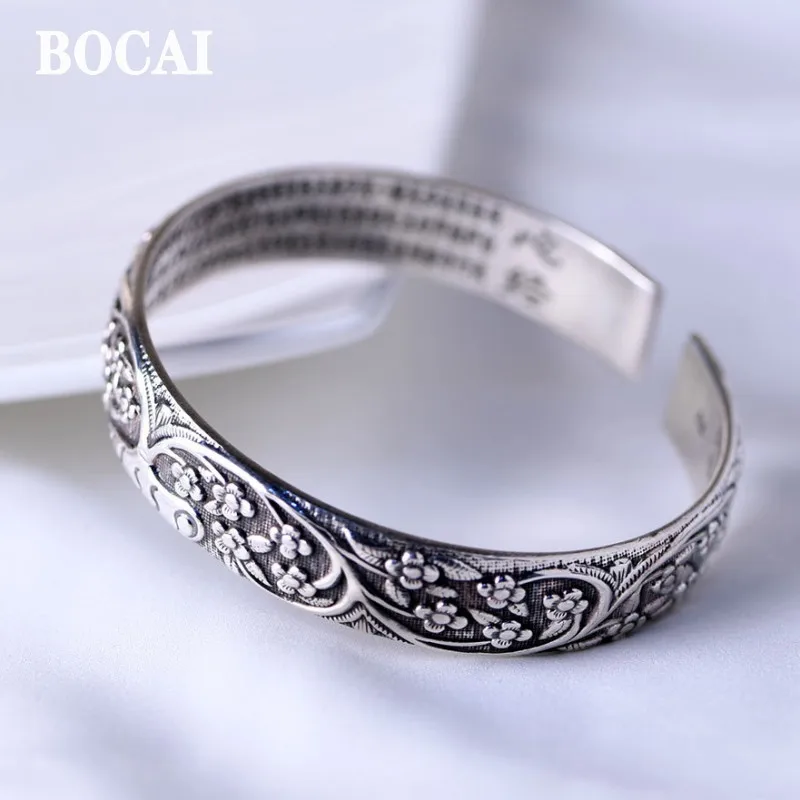 

2022 New 100% S990 Pure Silver Jewelry Vintage Pattern Heart Sutra Bracelet for Women Mother's Gift