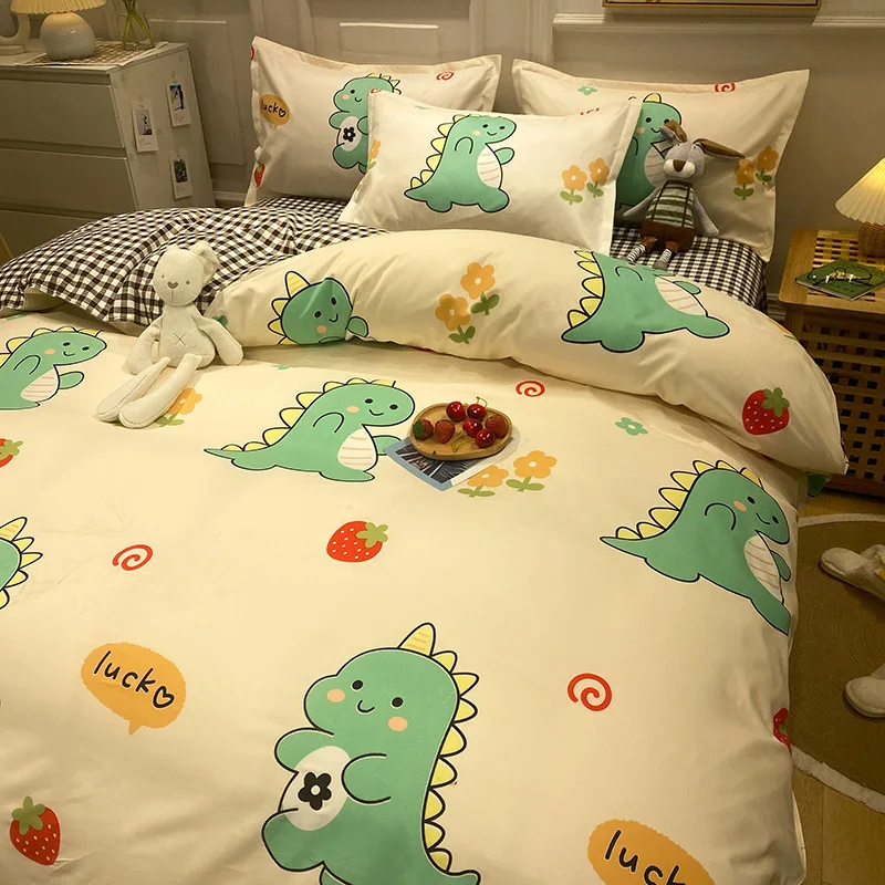 

Cute Dinosaur Print Queen Size Bedding Set King Size Daisy Printed Duvet Cover Set with Flat Sheets Cozy Durable Bedding Sets