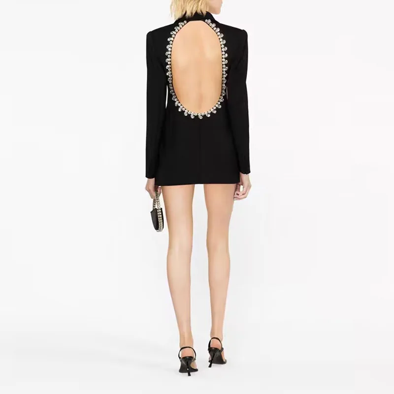 2024 Women's Spring New Blazers Fashion Feminine Temperament Long Sleeve Suit Back Hollow Diamond Design Waist-Tight Suit