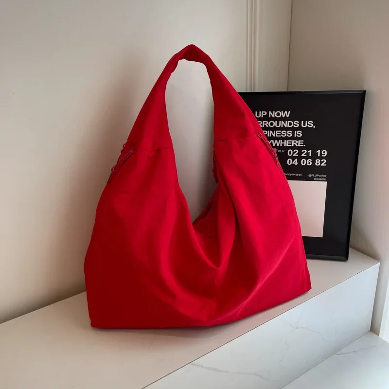 Casual Nylon Shoulder Bag Multi-Pocket Double Zipper High Capacity Tote Bag 2026 Fashion Solid Color Handbags Shopping Bag