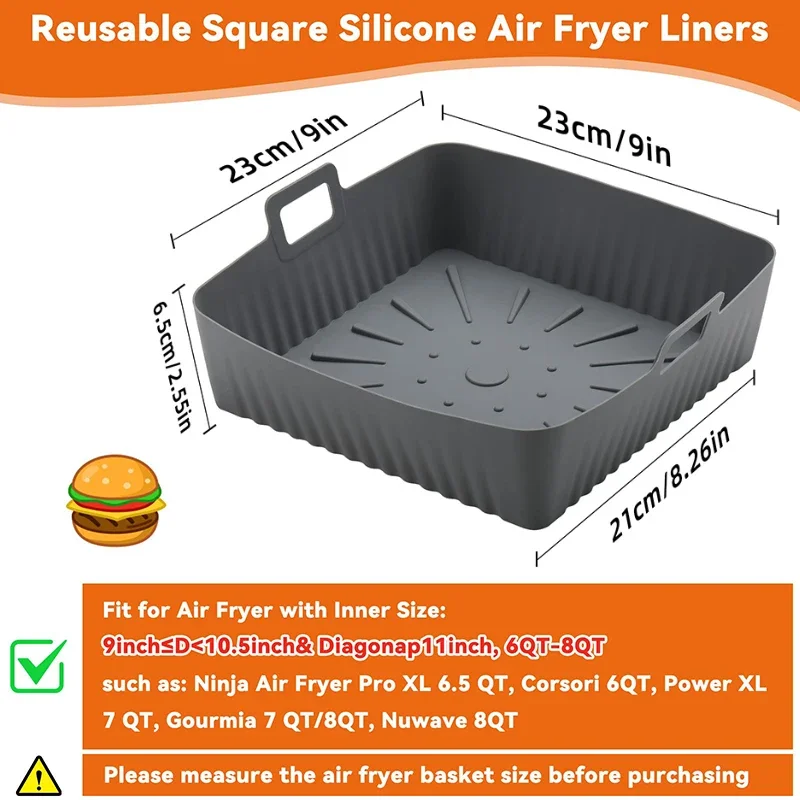 XXL 9-Inch Silicone Air Fryer Liners - 23cm Square Reusable Baking Tray, Oil-Free & Dishwasher-Safe