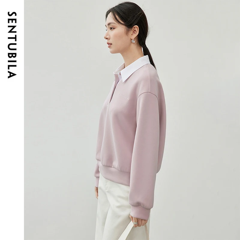 SENTUBILA Patchwork Spliced Sweatshirt for Women 2024 Winter Cotton Casual 2 in 1 Pullover Embroidery POLO Neck Tops 143A56445 3
