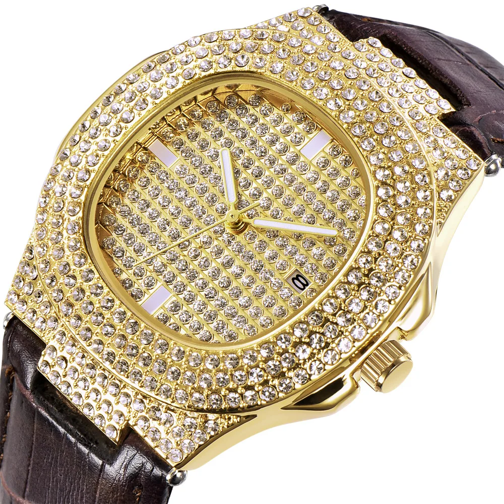 Mens Watch Luxury Iced Out Diamond Watches Fashion Leather Strap Quartz Wristwatches Male Clock Relogio Masculino Drop Shipping 3