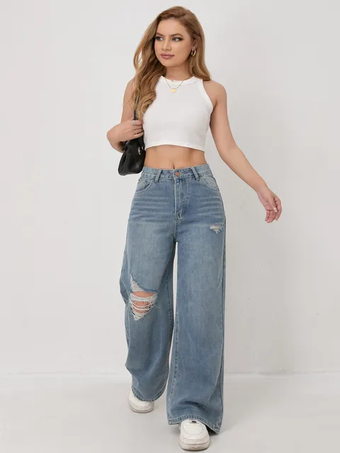 Women's Jeans 2026 New Arrival Loose Fit Casual High Waist Y2K Wide Leg Ripped Regular Denim Trousers Trendy Vintage Strety Ve 4