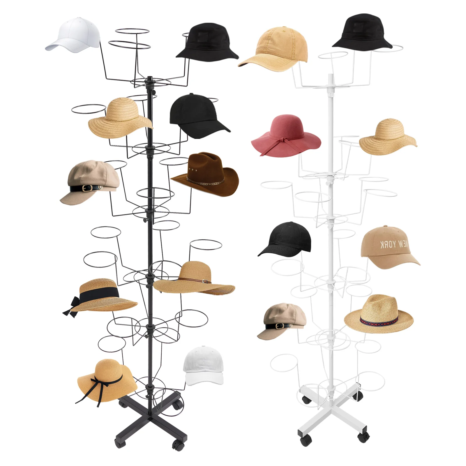 Schwarz/Weißer 6-stufiger Hutständer mit Rollen, drehbarer Hutpräsentationsständer, Cowboy- und Baseballmützenständer, für 30 Hüte, zur Organisation – Detail 12