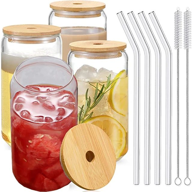 Beer Glass Bamboo Lid Straw Wholesale  Glass Cups Bamboo Lids Straws - Straw  Cup - Aliexpress