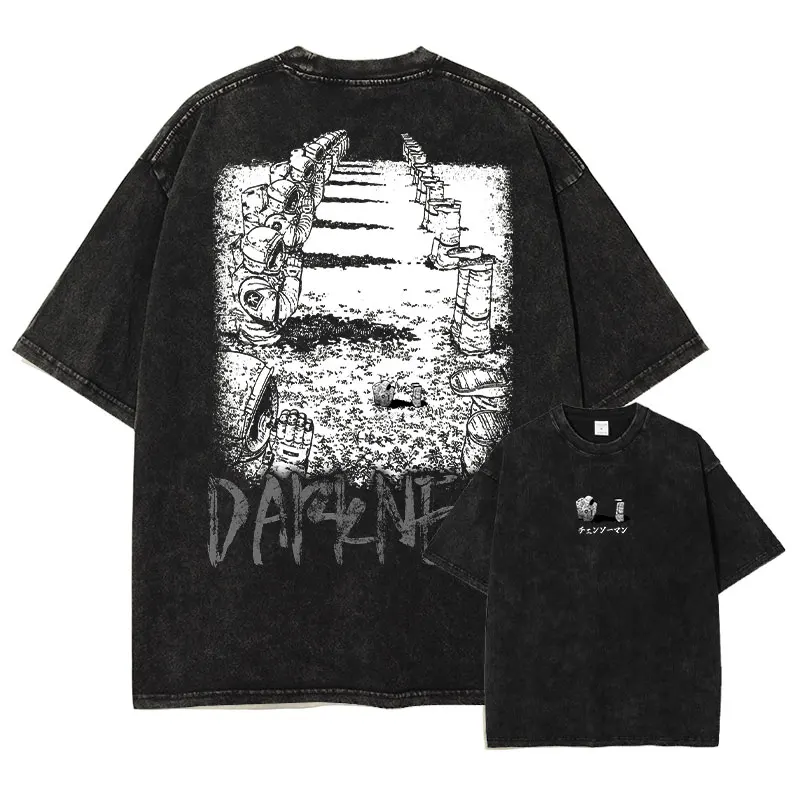 Oversized Vintage Washed Anime Chainsaw Graphic T-Shirt