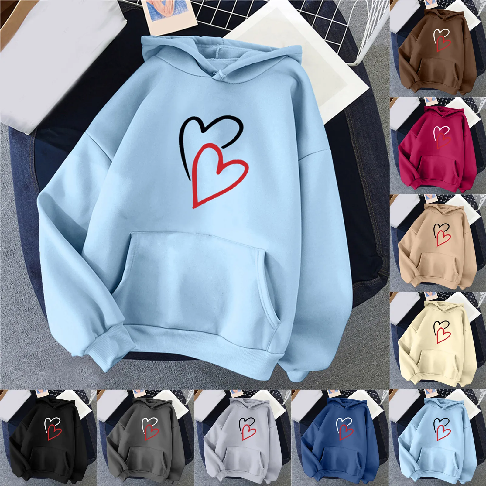 

Women Autumn And Winter Casual Fashion Solid Color Hooded Hoodie Funny Print Pocket 90s Basic Pullover Top Exercise